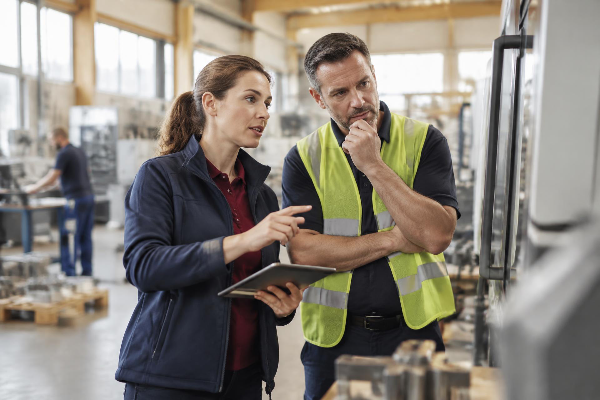 Fachkraft für Arbeitssicherheit bespricht mit einem Produktionsleiter eine Maschine in der Werkhalle